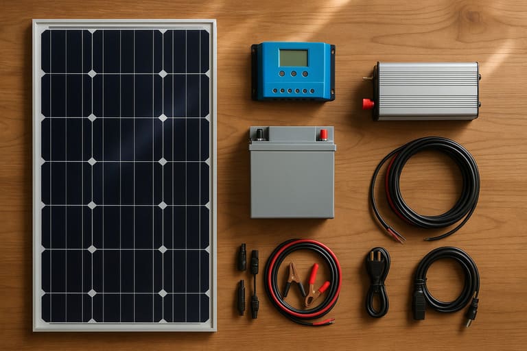 Componentes de um sistema solar portátil organizados sobre uma mesa de madeira: placa solar, controlador de carga, bateria, inversor, cabos e conectores, prontos para montagem DIY.