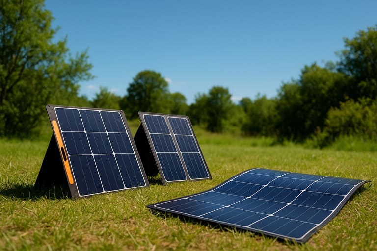 Duas placas solares portáteis exibidas em ambiente natural: uma dobrável e uma flexível, destacando portabilidade e versatilidade para camping, motorhome e vida off-grid.