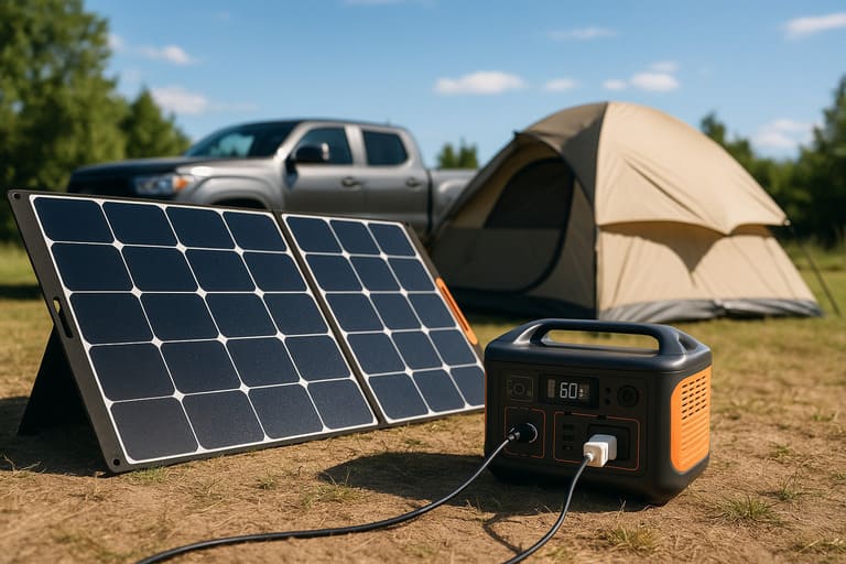 Gerador solar portátil conectado a uma placa solar em funcionamento, posicionado em área de camping, com barraca e caminhonete ao fundo, sob céu azul e luz natural.