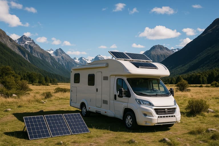 Motorhome estacionado na natureza com placas solares portáteis no teto e no chão, representando autonomia e sustentabilidade em viagens, sob céu azul e ambiente natural.