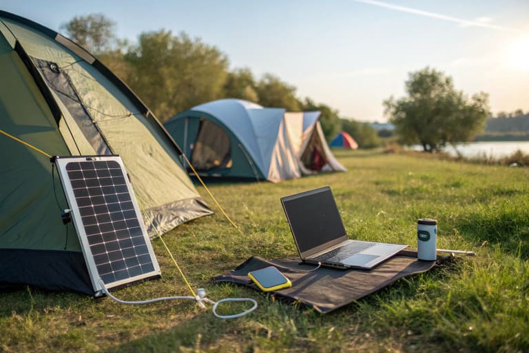 Painel Solar Portátil Dobrável em Camping conectado ao Notebook e Celular