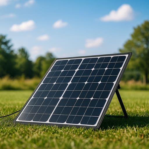 Placa solar portátil limpa e bem posicionada em ambiente de natureza, maximizando captação de energia.