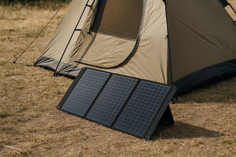 Melhor Placa solar portátil aberta em ambiente de camping, destacando autonomia e sustentabilidade.