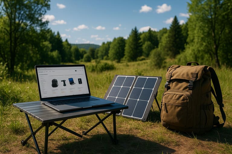 Mesa de camping ao ar livre com notebook aberto exibindo uma página de compras, ao lado de uma placa solar portátil funcionando, mochila e natureza ao fundo, simbolizando autonomia.