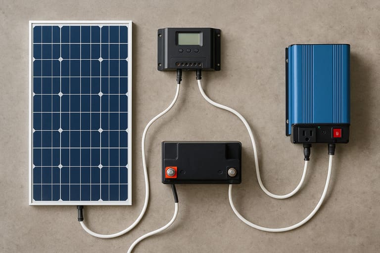 Esquema mostrando o fluxo de um sistema solar portátil: placa solar conectada a um controlador de carga, depois a uma bateria e, por fim, a um inversor, sobre fundo neutro.