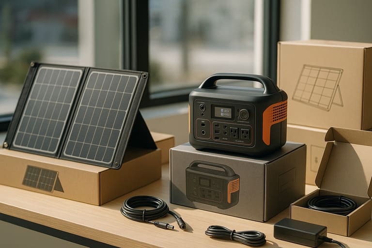 Mockup realista exibindo produtos de energia solar portátil, incluindo placas solares, geradores solares e acessórios, simulando uma vitrine ou bancada de loja, com luz natural.