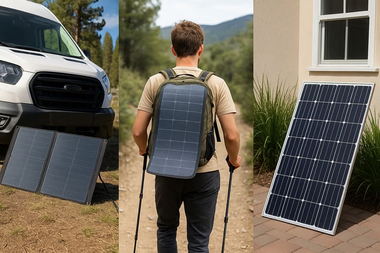 Comparativo Visual de Placas Solares Portáteis Dobrável, Flexível e Rígida em Uso Real Três tipos de placas solares portáteis em uso: dobrável ao lado de motorhome, flexível na mochila durante trilha e rígida encostada em parede residencial.