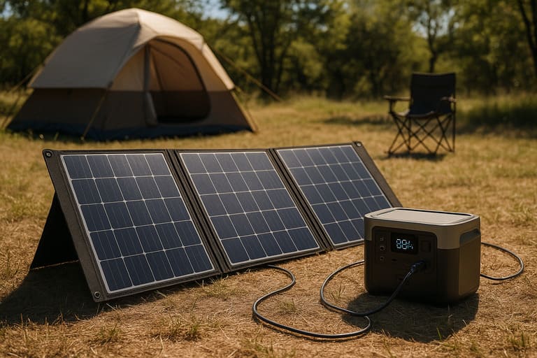 Power Station conectada a painel solar dobrável em área de camping Power Station conectada a painel solar dobrável em área de camping
