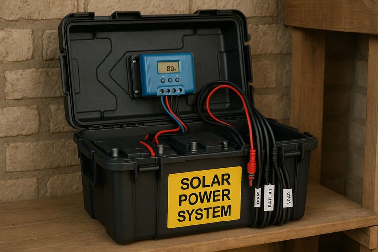 caixa plástica de sistema solar portátil sendo armazenada em local seco e protegido, com baterias organizadas e cabos etiquetados caixa plástica de sistema solar portátil sendo armazenada em local seco e protegido, com baterias organizadas e cabos etiquetados